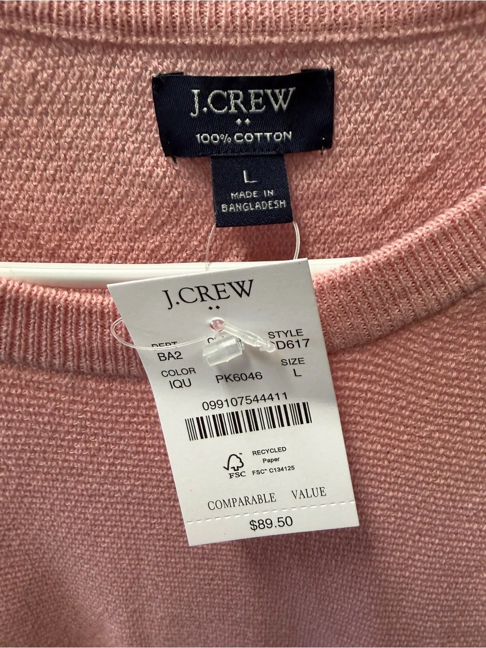 J.Crew Men’s Large Pink 100% Cotton Lightweight Crewneck Sweater NWT
